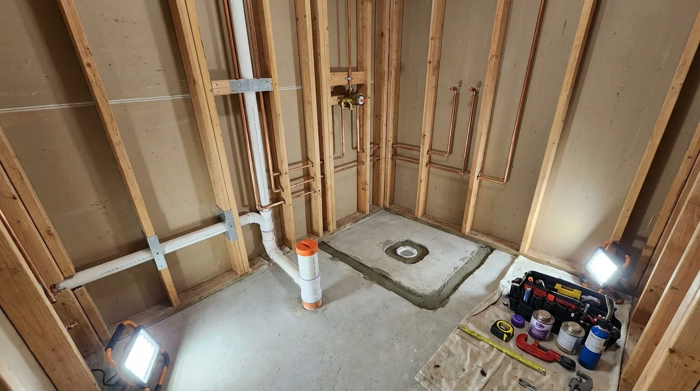 Bathroom rough-in plumbing during remodel by Johns Plumbing LLC in Galesville