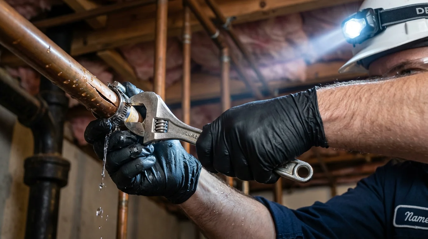 Emergency pipe clamp repair being performed by a Johns Plumbing LLC plumber in Galesville