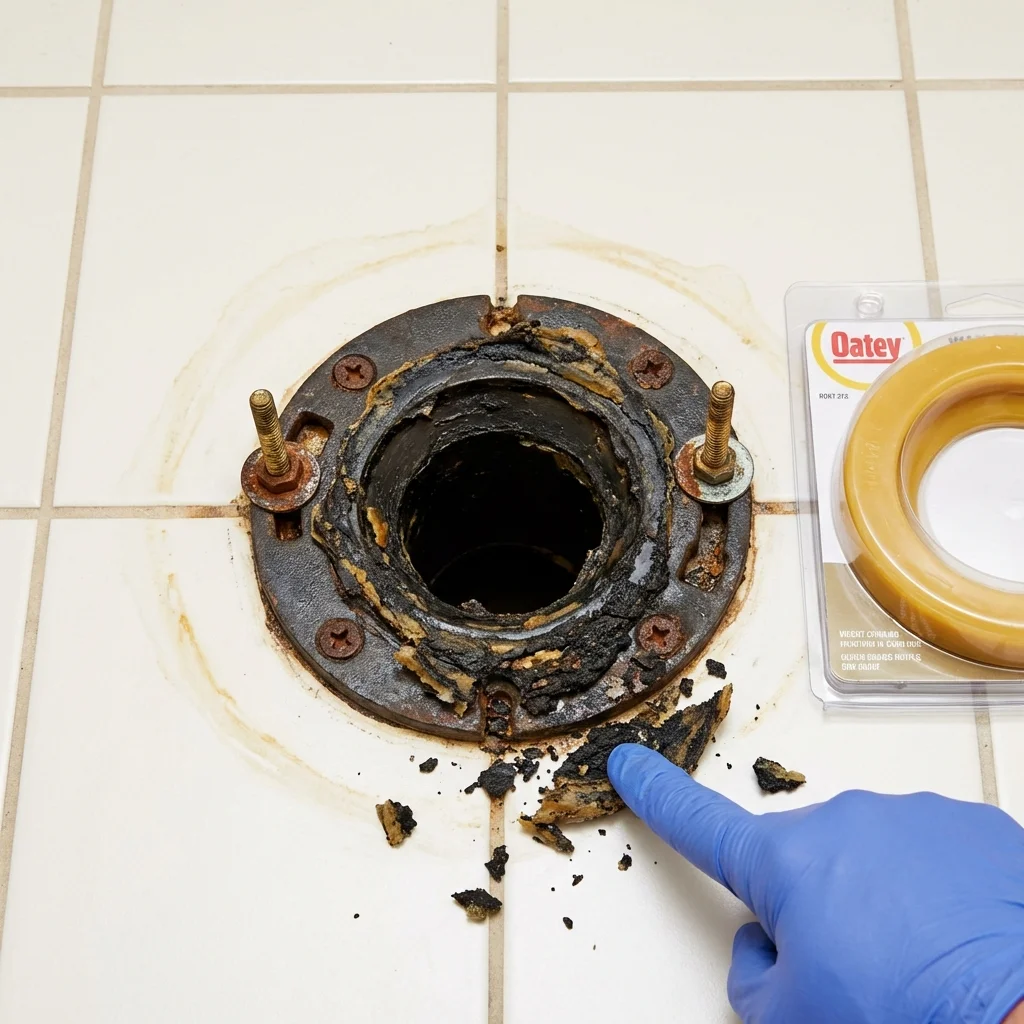 Failed wax ring showing water seepage at the base of a toilet in a Galesville, WI home