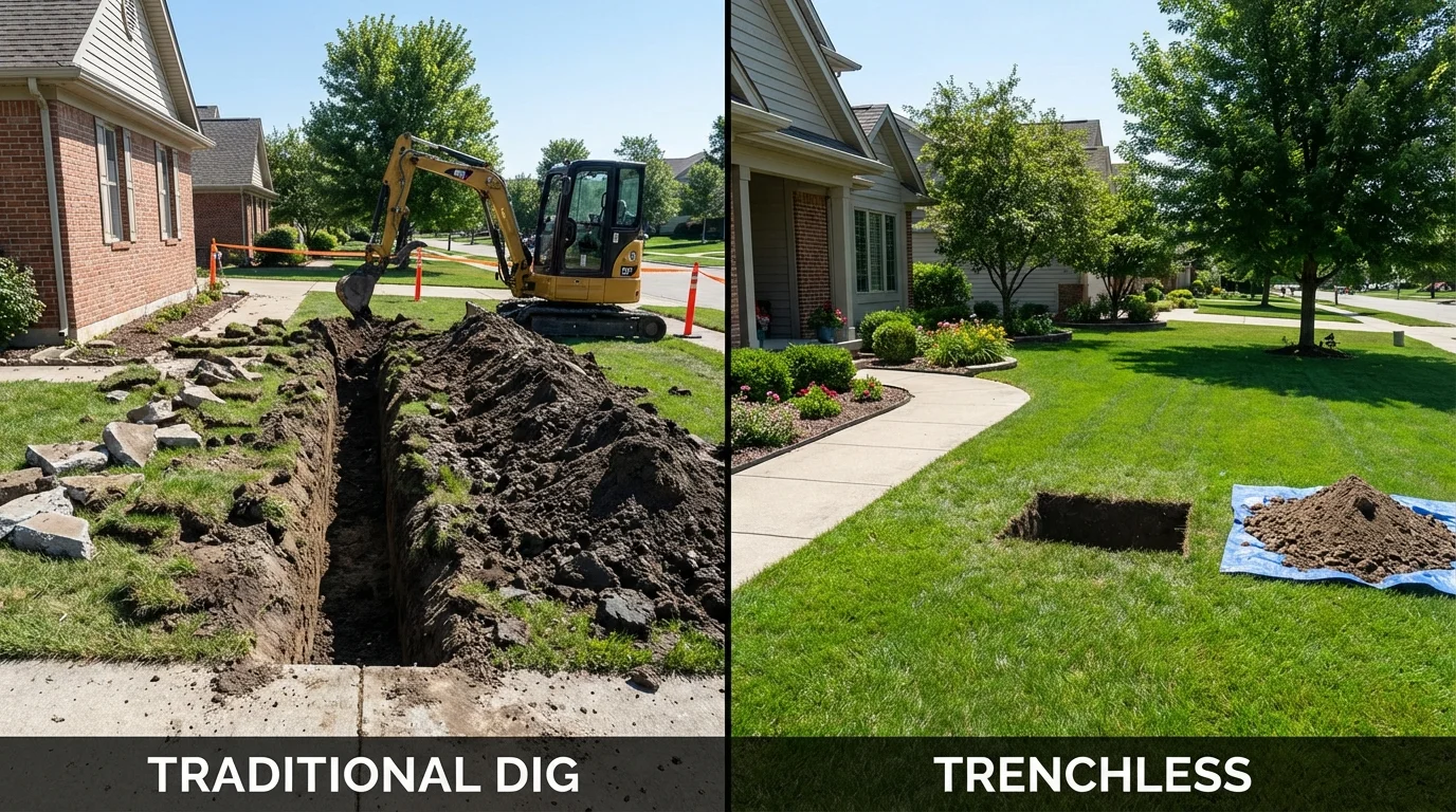 Trenchless sewer repair with minimal yard damage versus traditional excavation in Galesville, WI