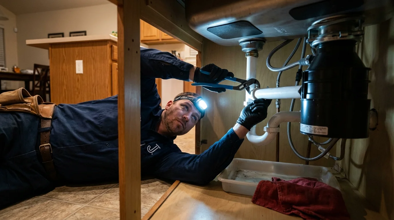 P-trap and supply line connections under a kitchen sink showing a common leak point in Galesville, WI